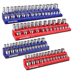 WORKPRO front view of four-piece magnetic socket organizer set showing color coding and capacity