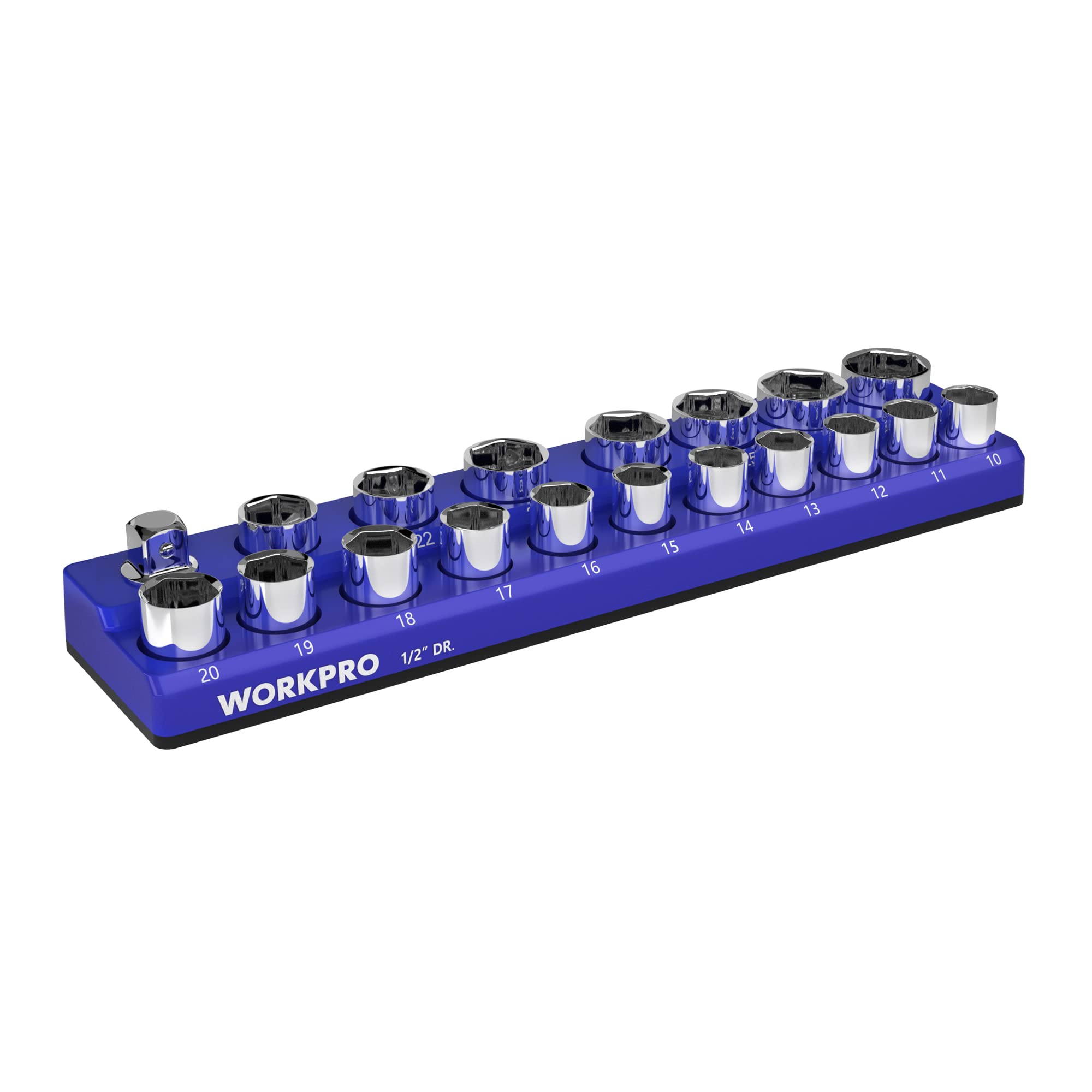WORKPRO front view of magnetic socket organizer showing neat socket layout and secure storage