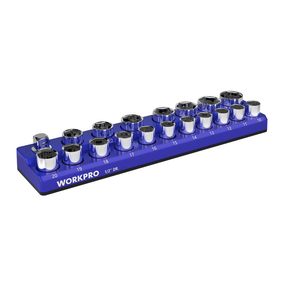 WORKPRO front view of magnetic socket organizer showing neat socket layout and secure storage
