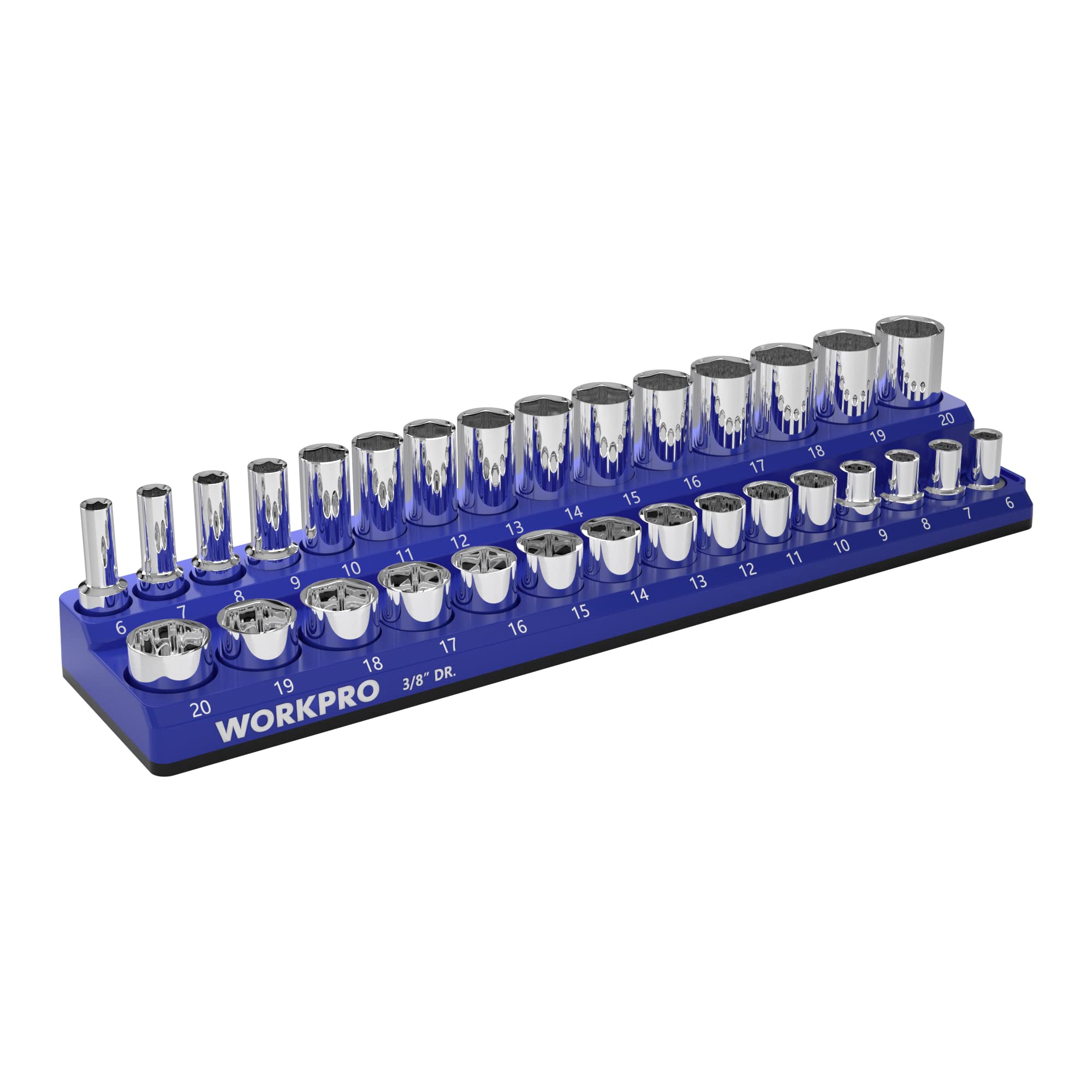 WORKPRO front view of magnetic socket organizer showing capacity and layout benefit