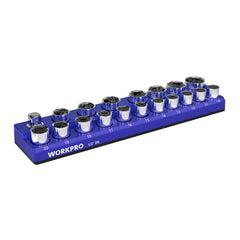 WORKPRO front view of magnetic socket organizer showing neat socket layout and secure storage