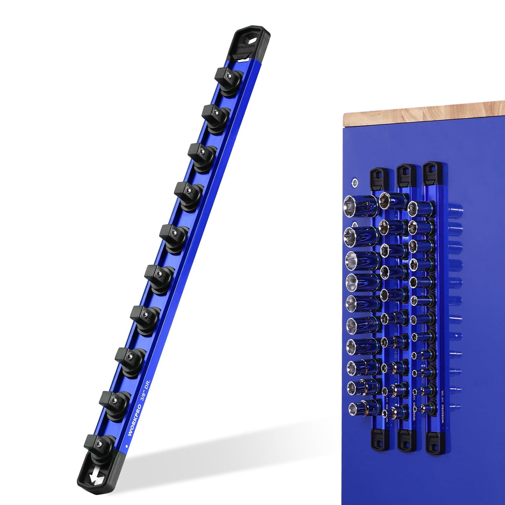 WORKPRO front view of magnetic socket rail showing tidy socket lineup and quick access