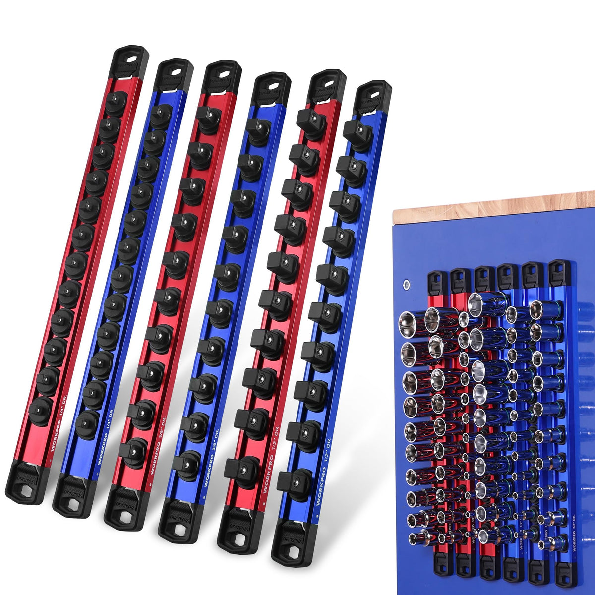 WORKPRO front view of six-piece rail set showing organized sockets and quick access