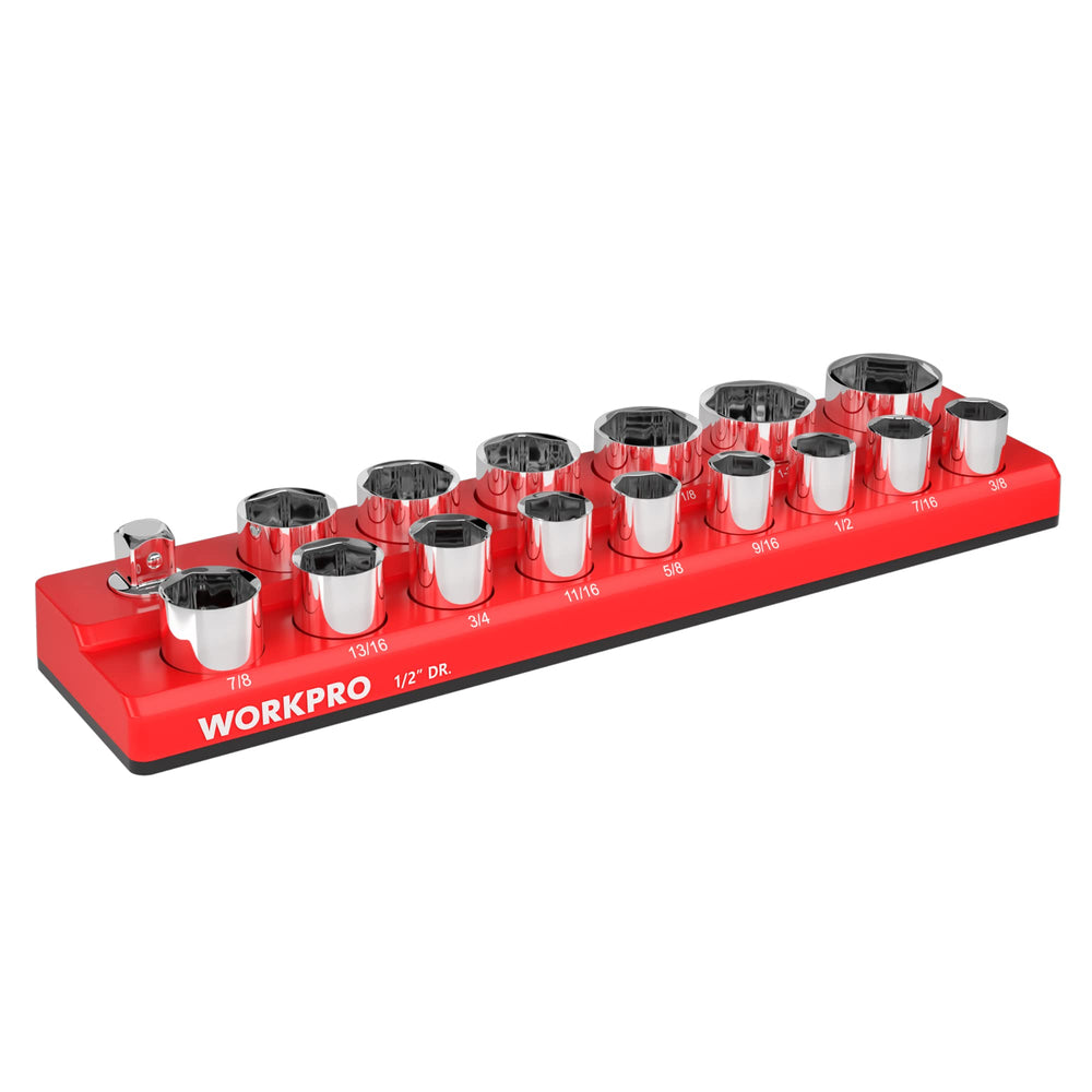 WORKPRO front view of socket organizer shows neat labeled layout and quick selection benefit