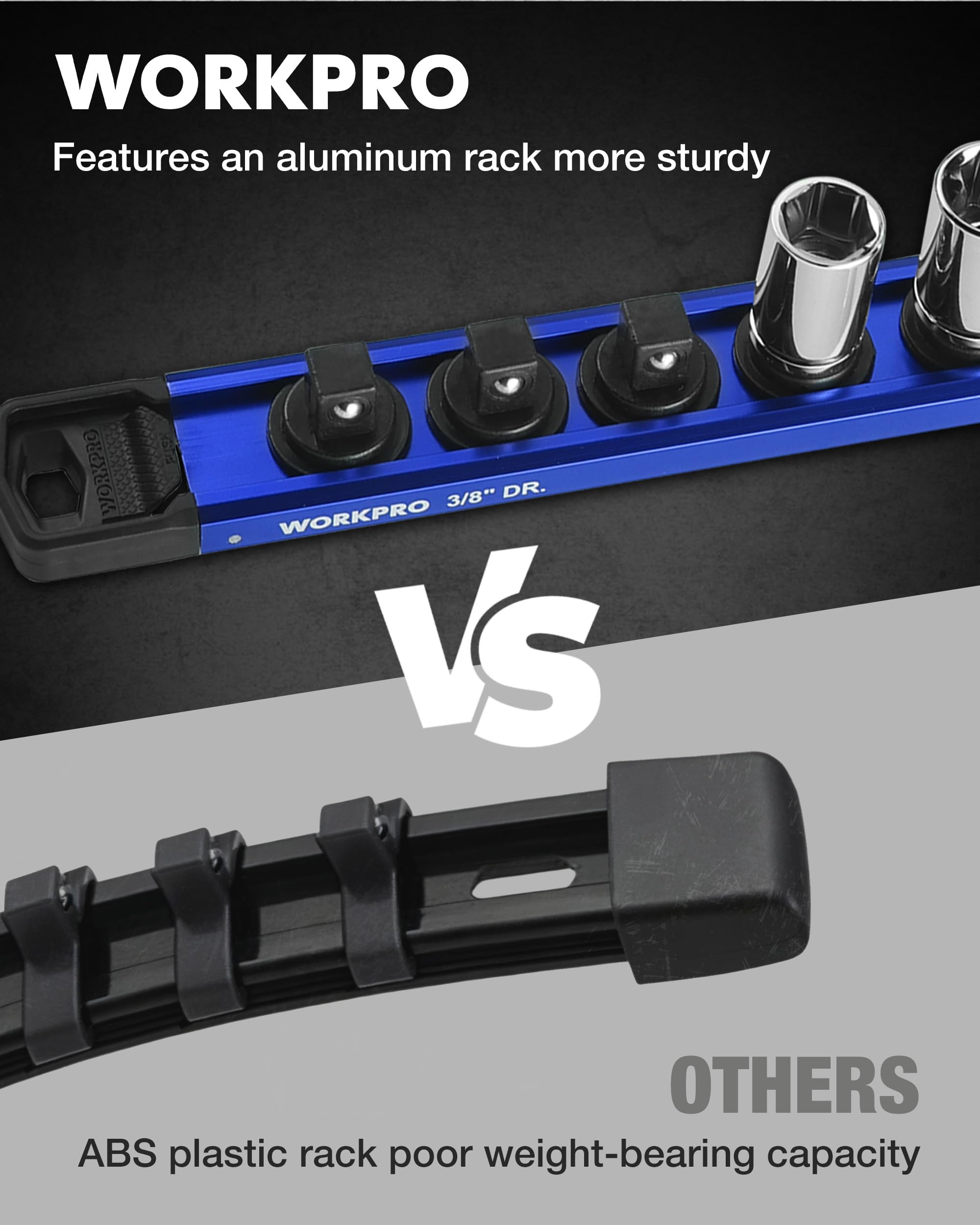 WORKPRO rail hung on pegboard via mounting hole for secure long-term placement