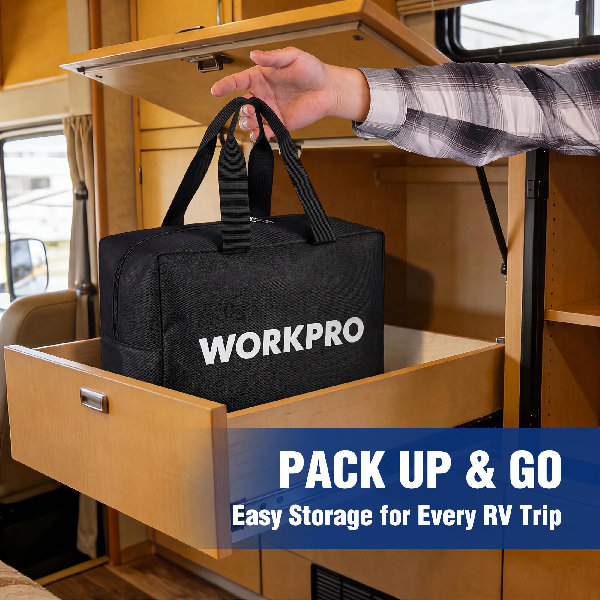WORKPRO RV wheel resting on blocks illustrating safe support and balance