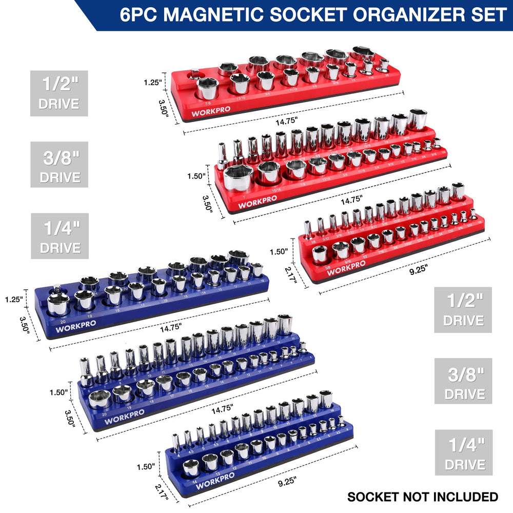 WORKPRO labeled trays showing legible size markings for fast socket identification benefit