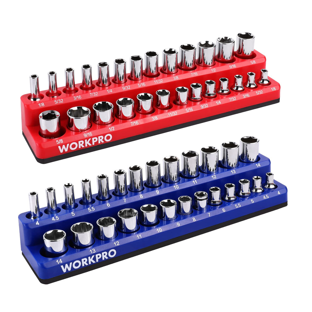 WORKPRO front view of magnetic socket organizer showing capacity and layout