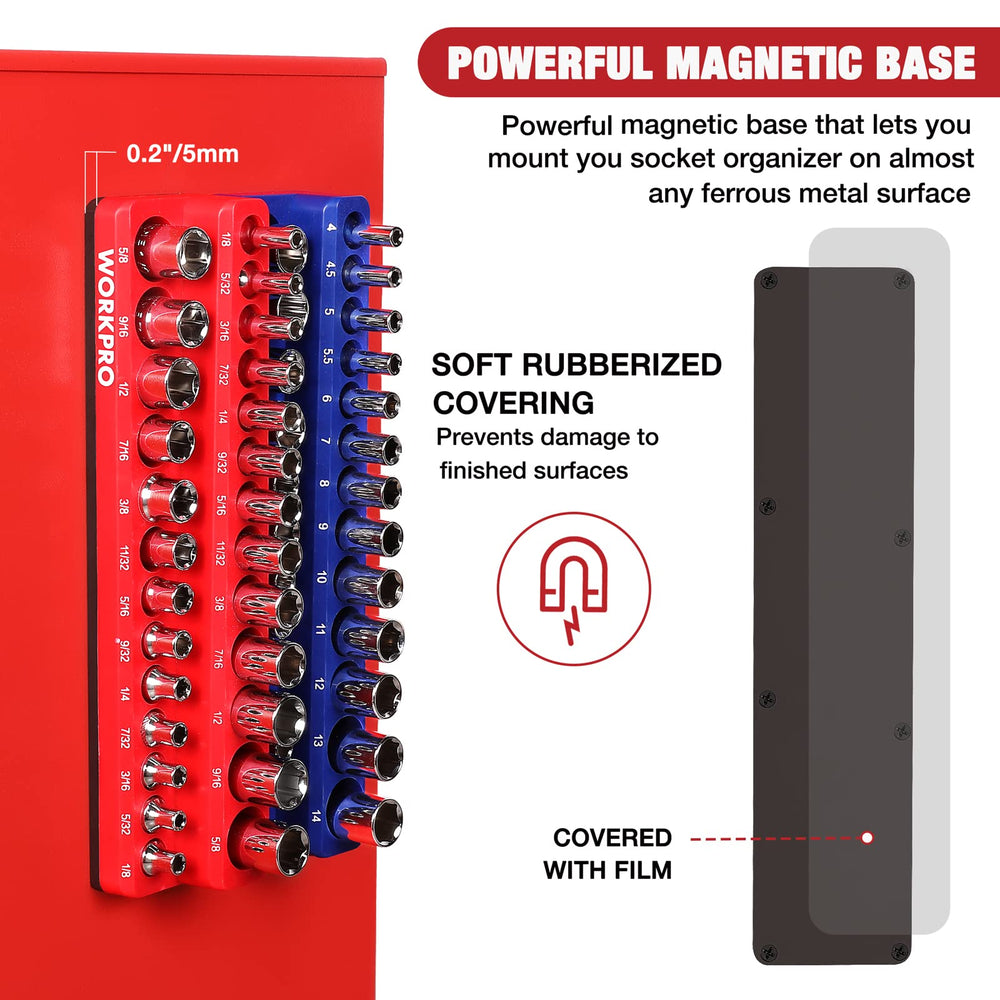 WORKPRO strip attached to tool cart side demonstrating magnetic mounting benefit