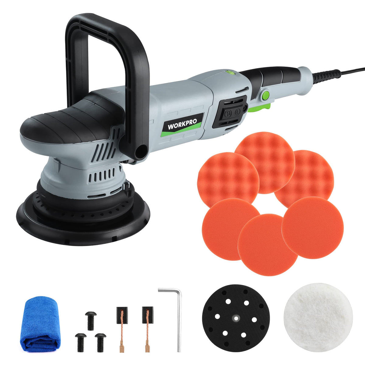 WORKPRO polisher front view showing controls and comfort grip benefit