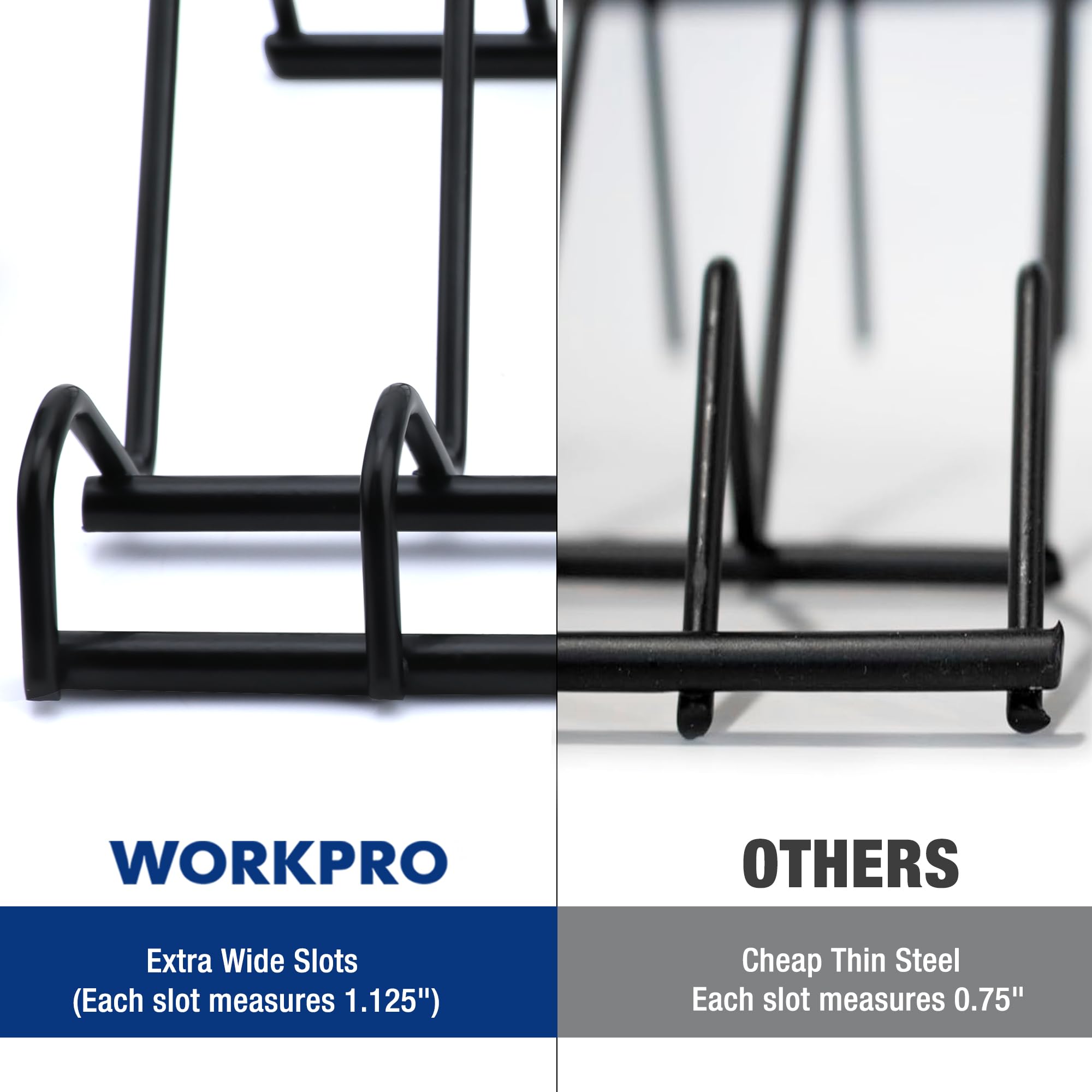 WORKPRO rack holding a variety of pliers showing organized tool arrangement