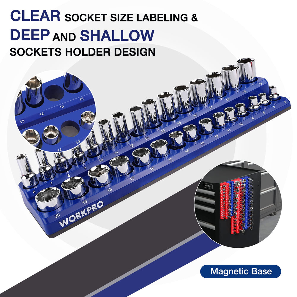 WORKPRO side view showing both standard and deep sockets stored securely on the tray