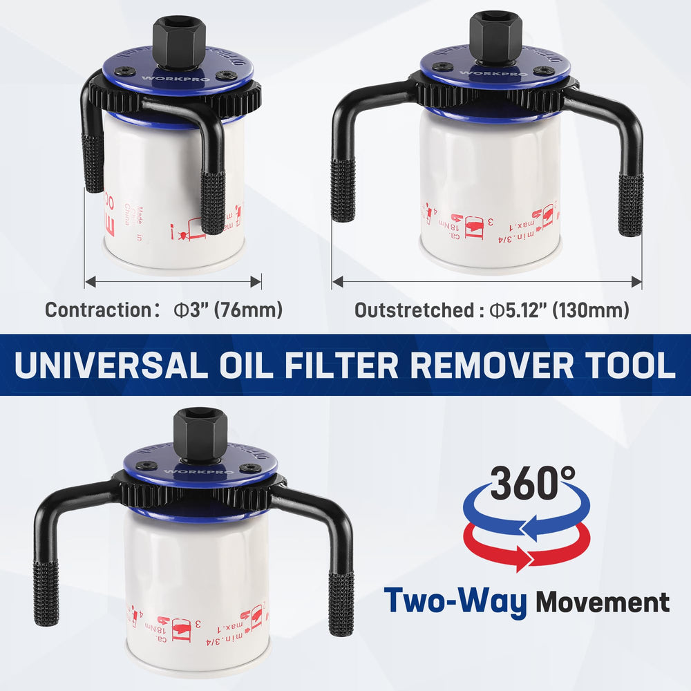 WORKPRO next to ratchet showing compatibility with 3/8" and 1/2" drives, easy leverage benefit