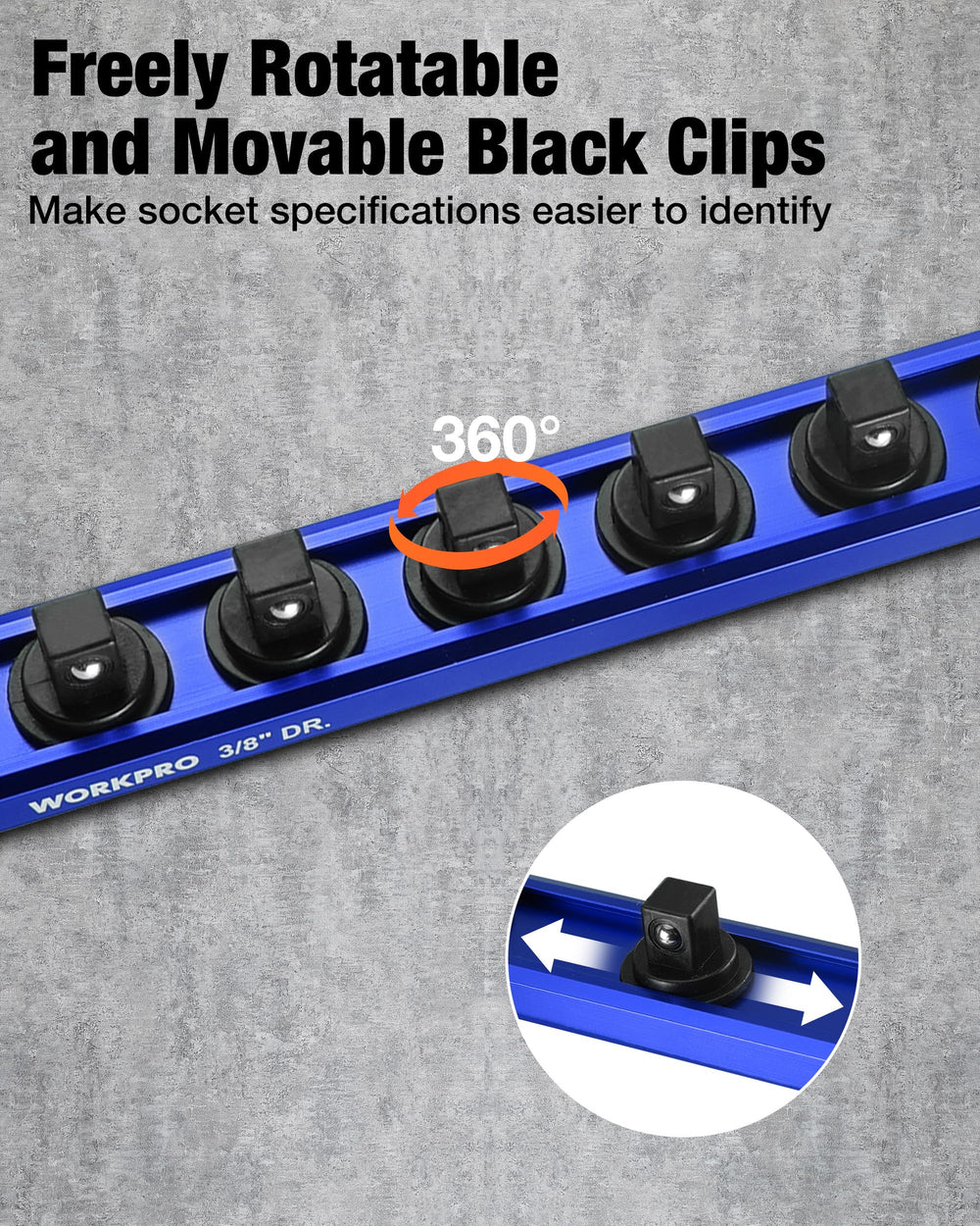 WORKPRO side profile of sockets loaded on rail showing organized storage and visibility