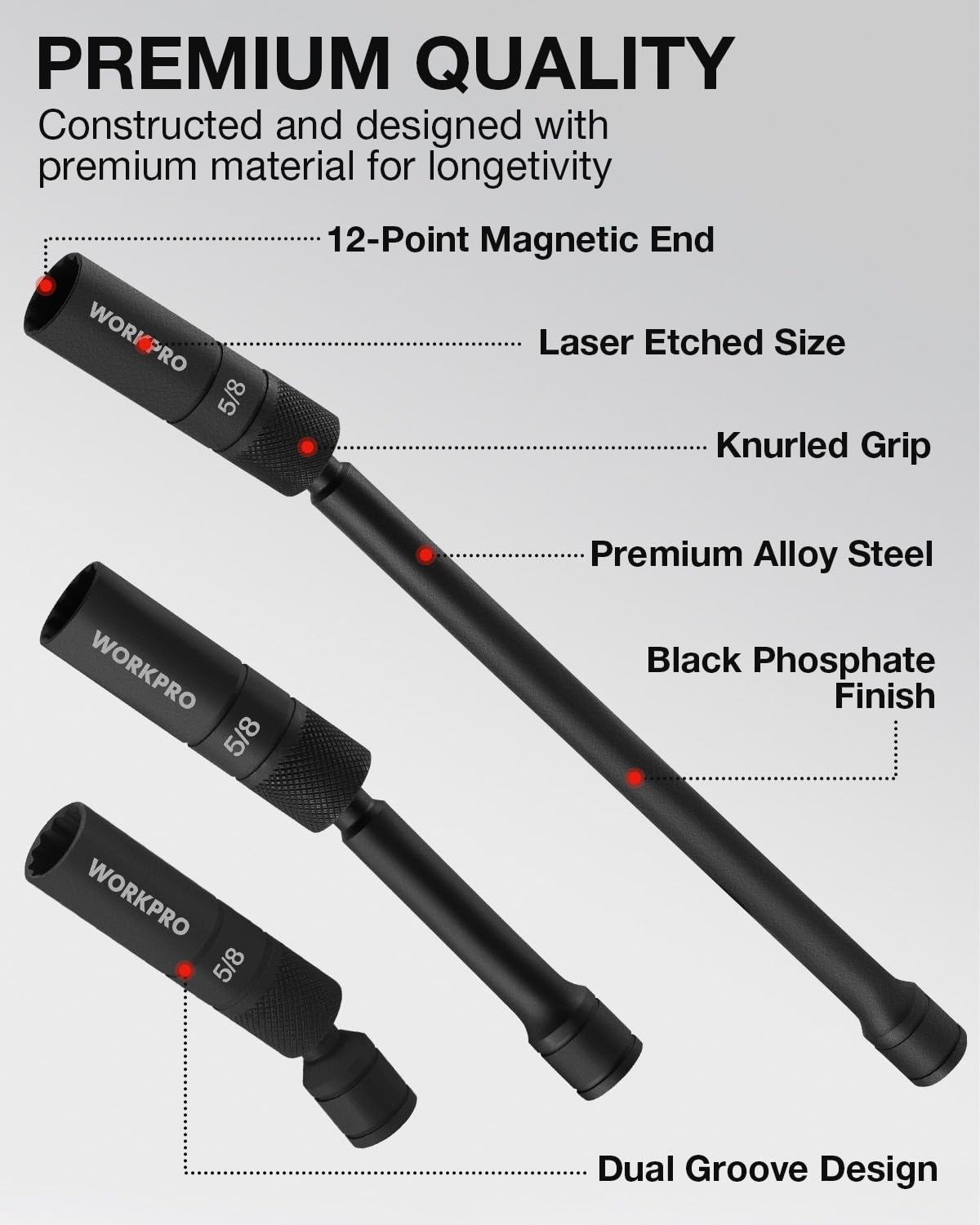 WORKPRO thin-wall 12-point socket detail prevents rounding and fits tight wells
