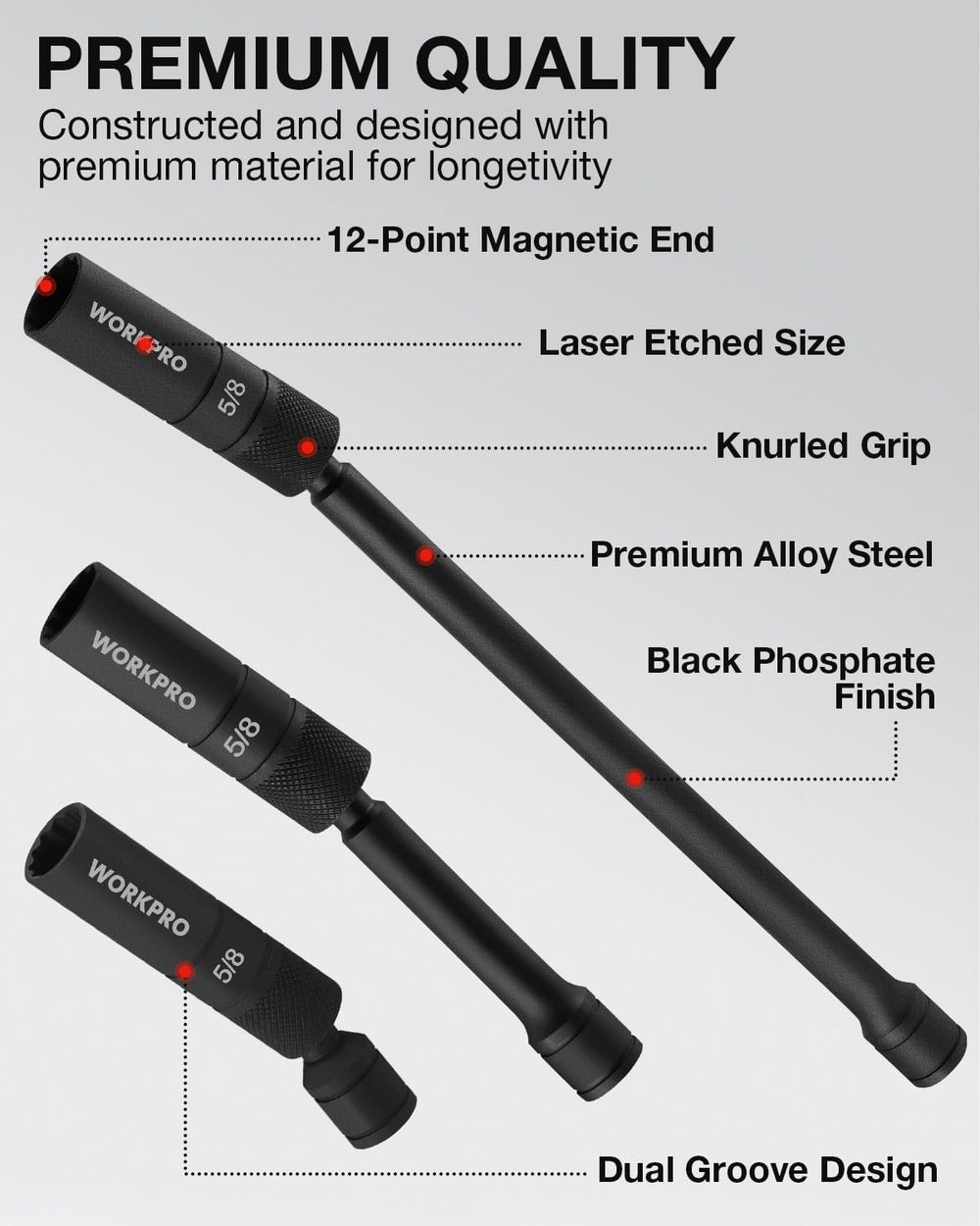 WORKPRO thin-wall 12-point socket detail prevents rounding and fits tight wells