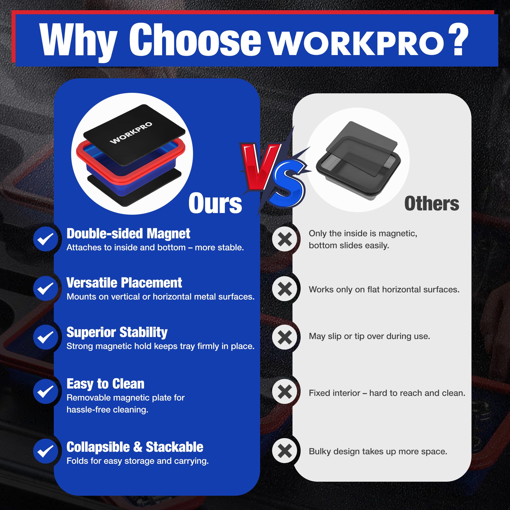 WORKPRO trays alongside hand tools displaying size and sorting capability
