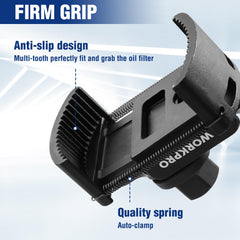 WORKPRO tool being used under an engine bay to reach tight oil filters easily