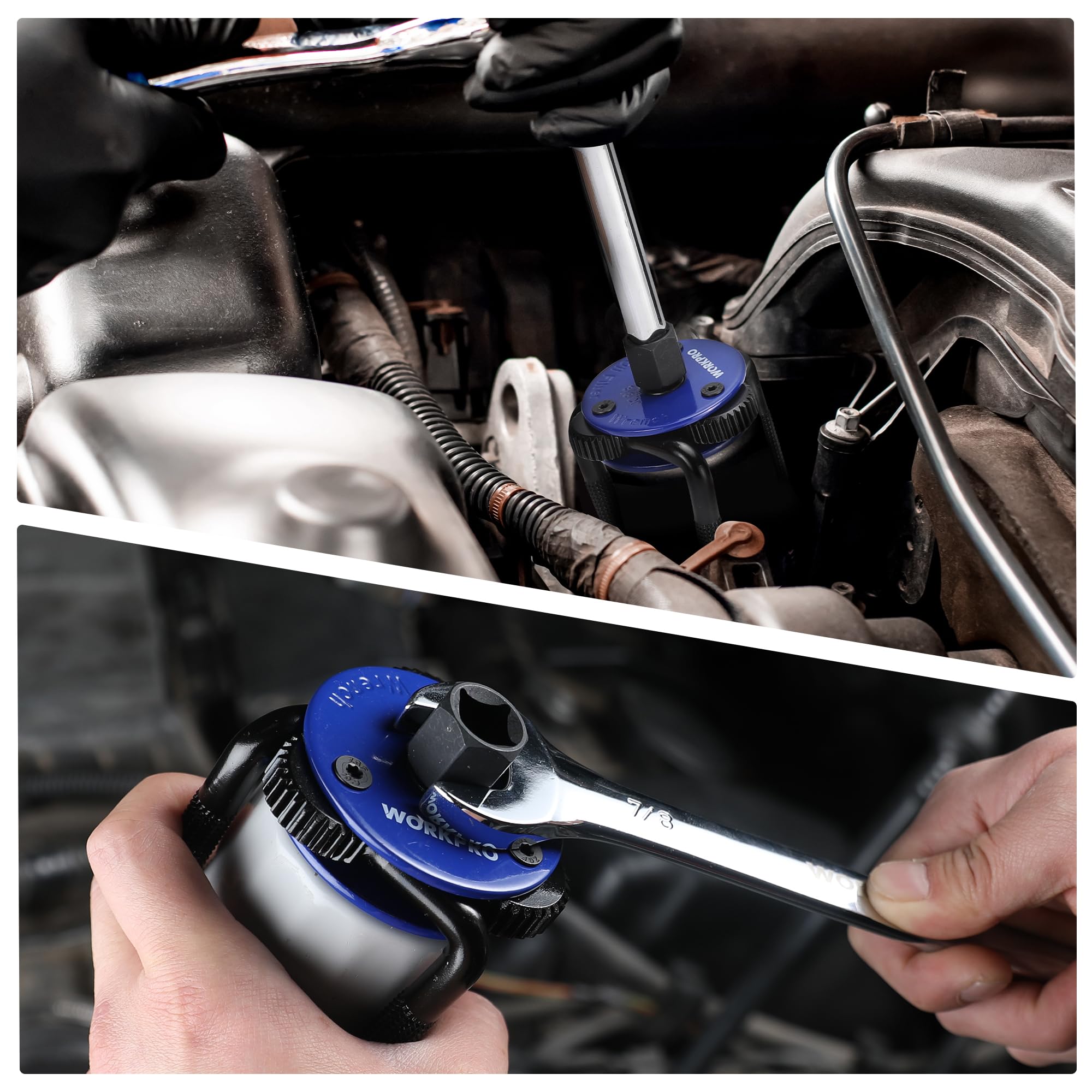 WORKPRO attached to extension and 7/8" wrench demonstrating extra leverage benefit
