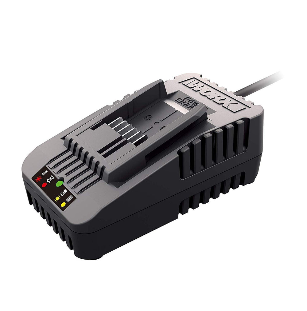 Worx charger front with battery showing indicator, fast convenient charging