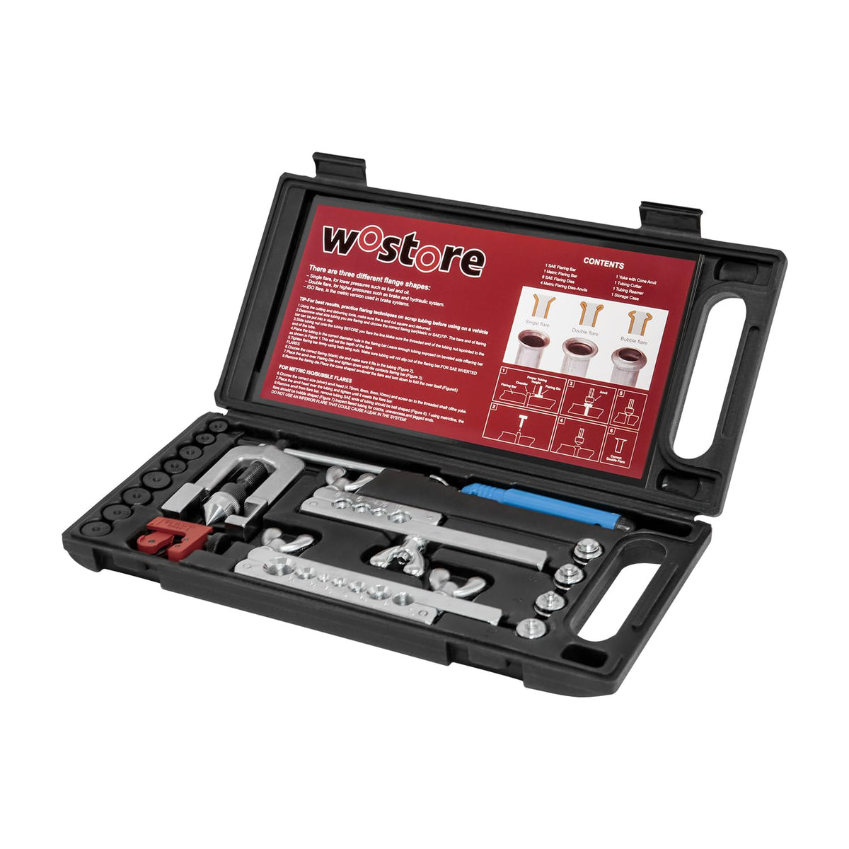Wostore kit front view showing organized dies and secure storage benefit