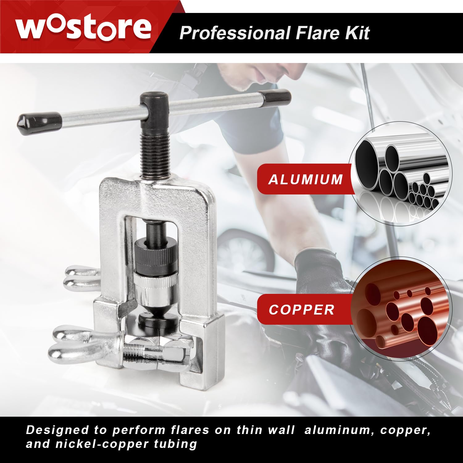 Wostore flaring tool in use on a vehicle line for onsite repairs