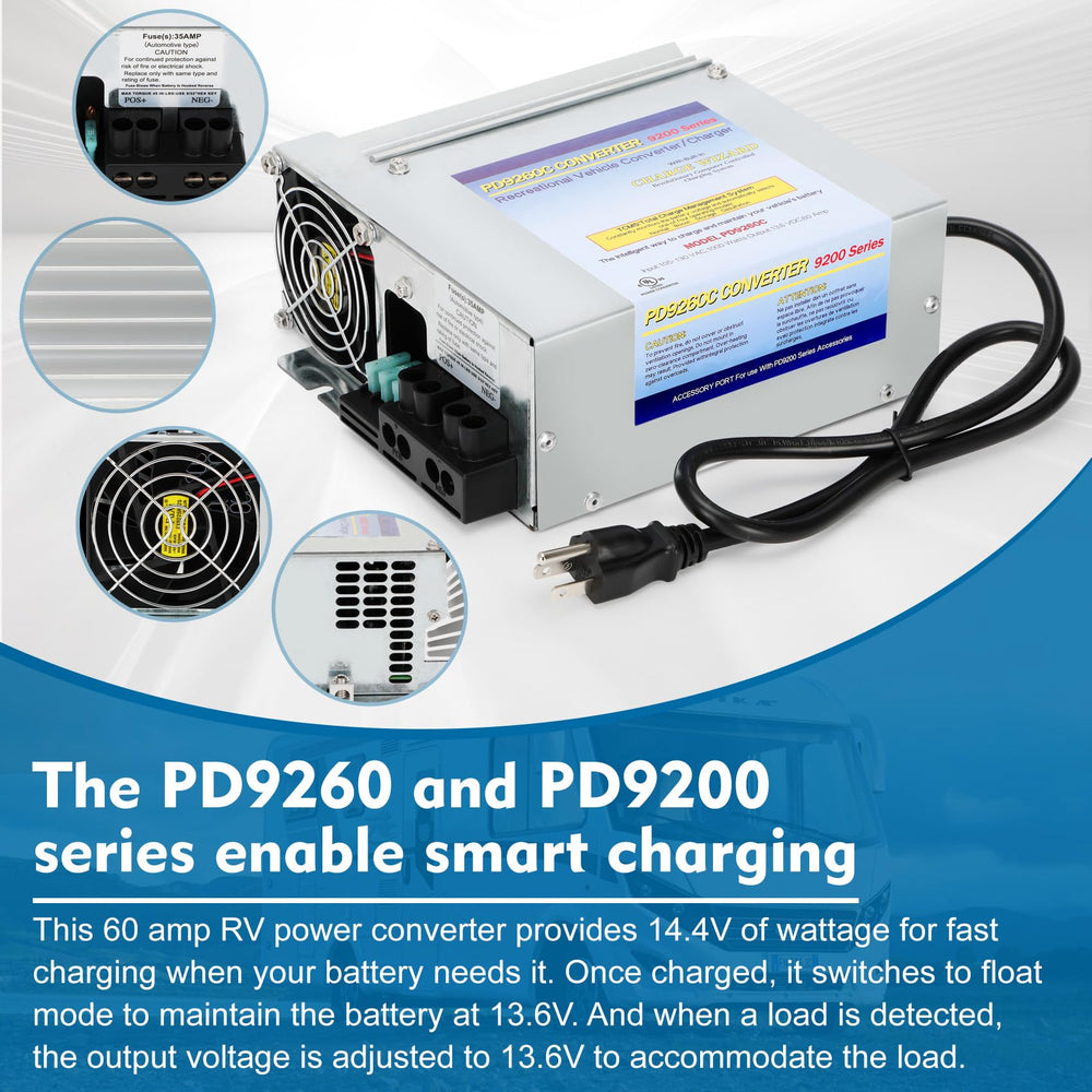 WOUDY PD9260C terminal block close-up illustrating secure battery and AC connections