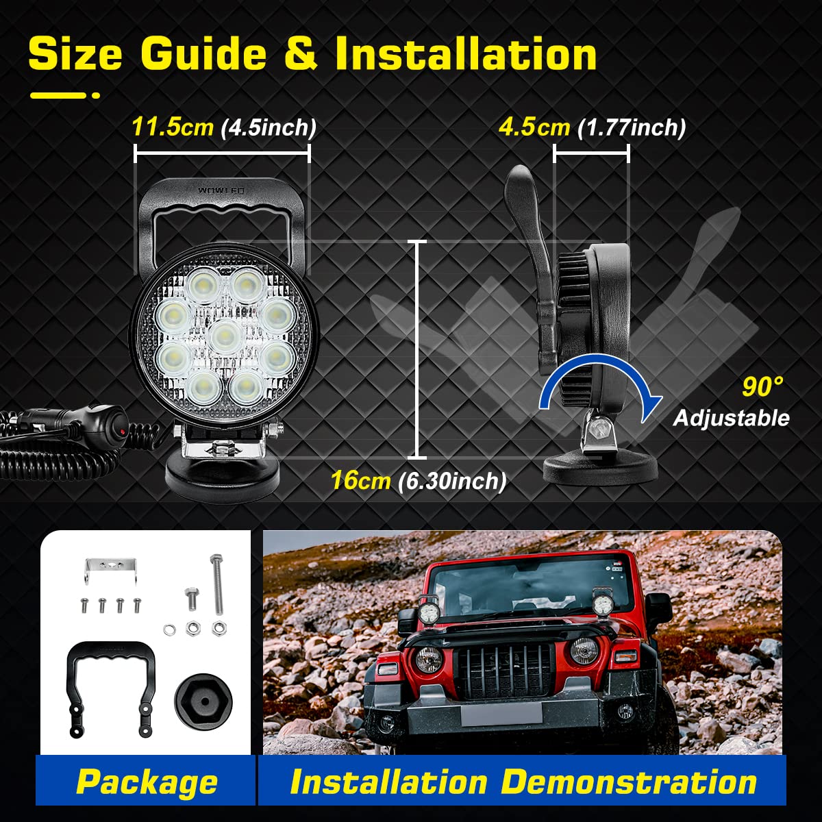 WOWLED handle and cigarette plug cable demonstrating easy vehicle-powered setup
