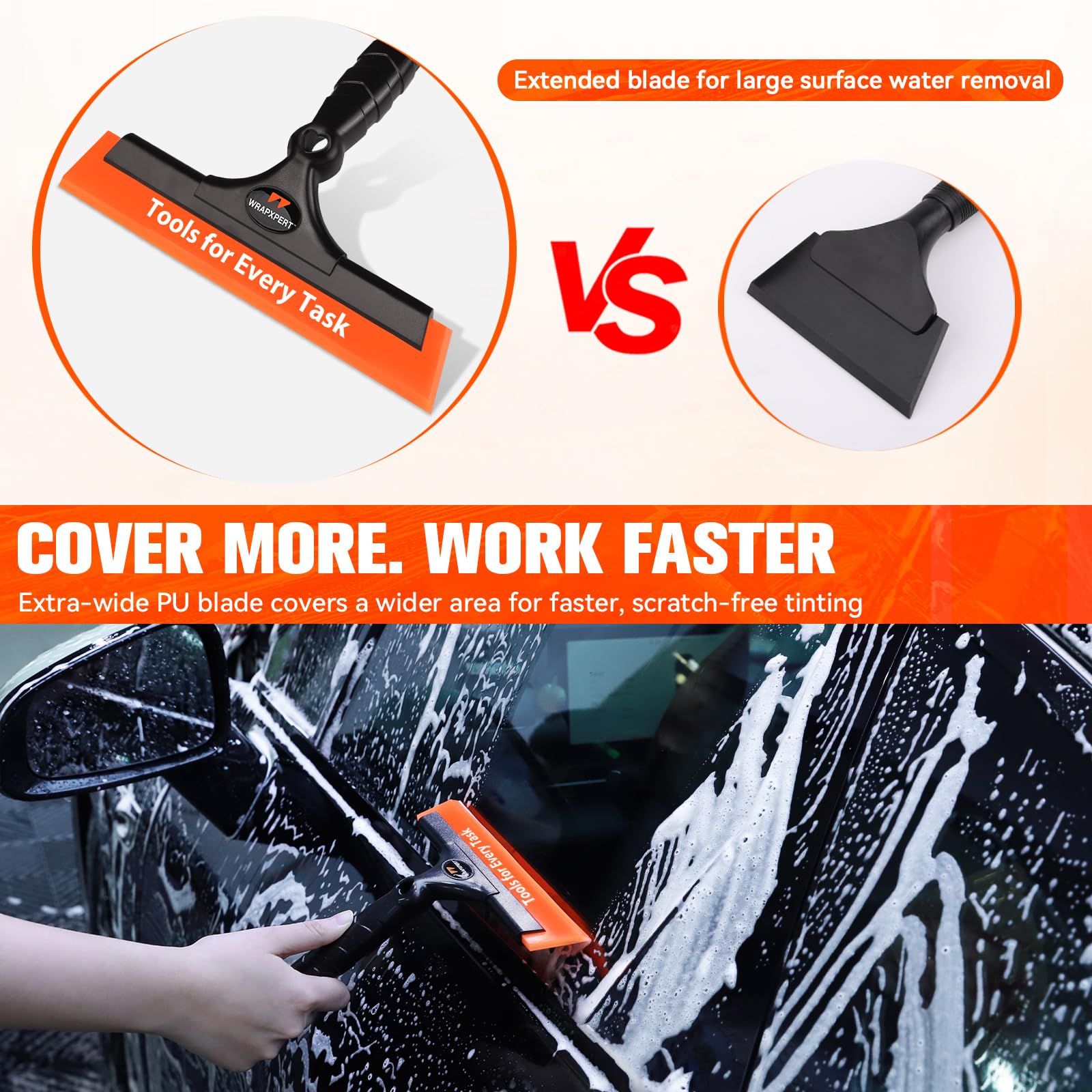 WRAPXPERT medium-hard PU blade detail demonstrating pressure for bubble removal