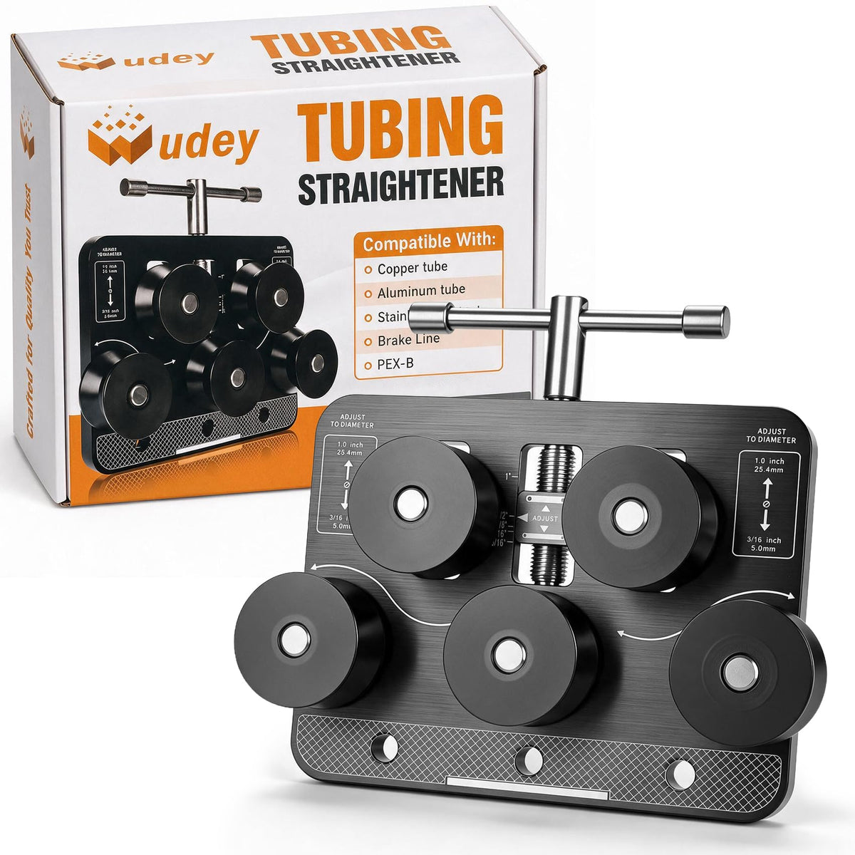 Wudey front view bench straightener showing compact layout and sturdy mount for reliable use