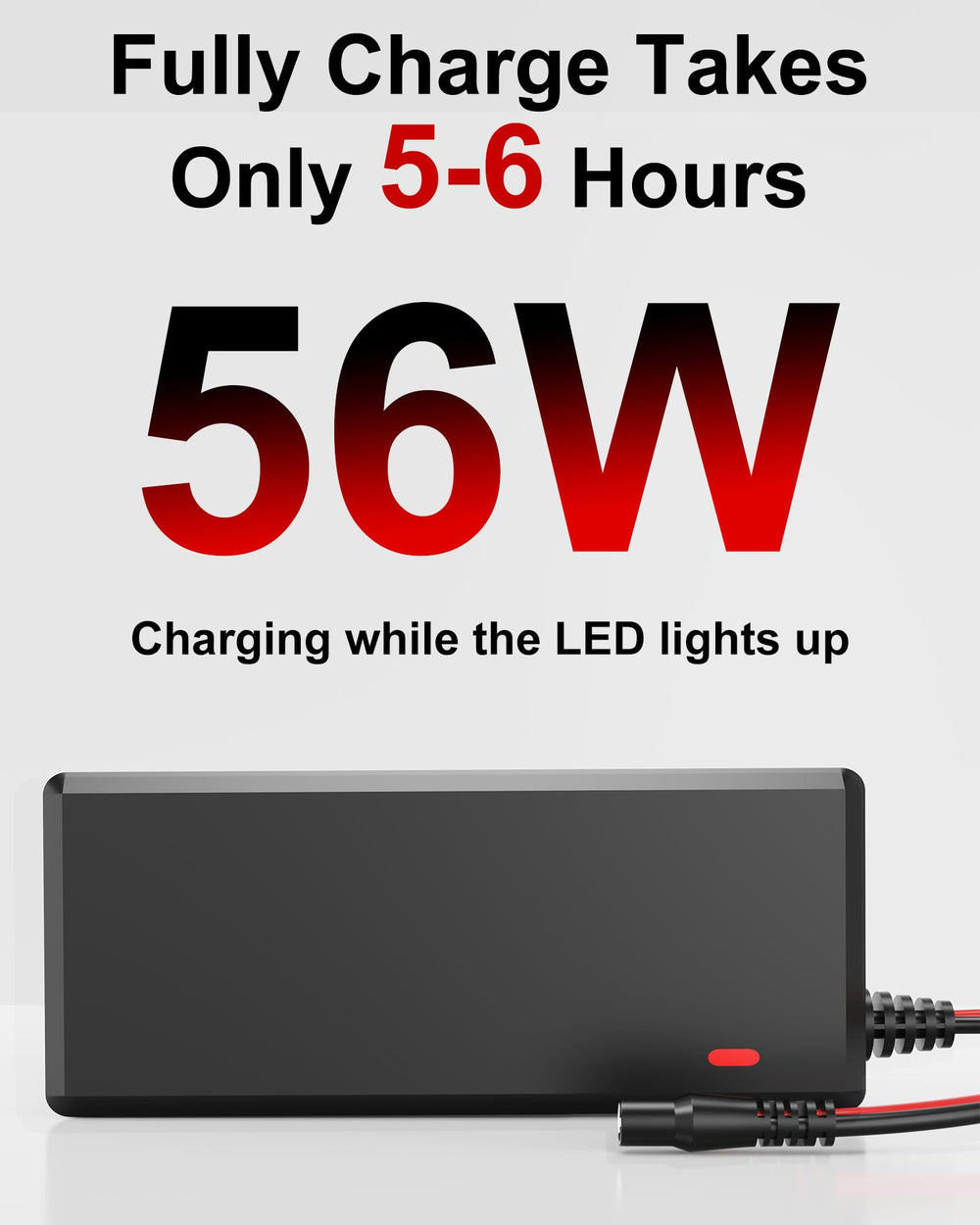 WUKUR charger output label close-up showing 14V 4A 56W specification benefit
