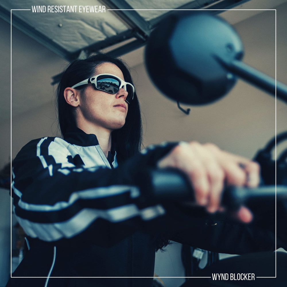 WYND Blocker on rider helmet in motion showing secure fit and unobstructed vision