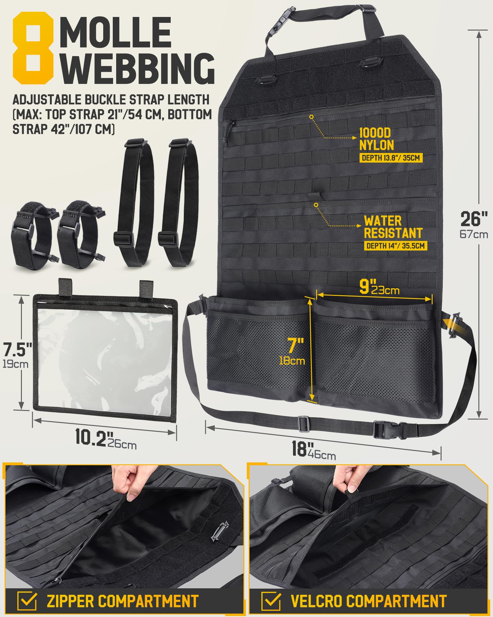 WYNEX organizer beside water bottle showing scale and pocket capacity