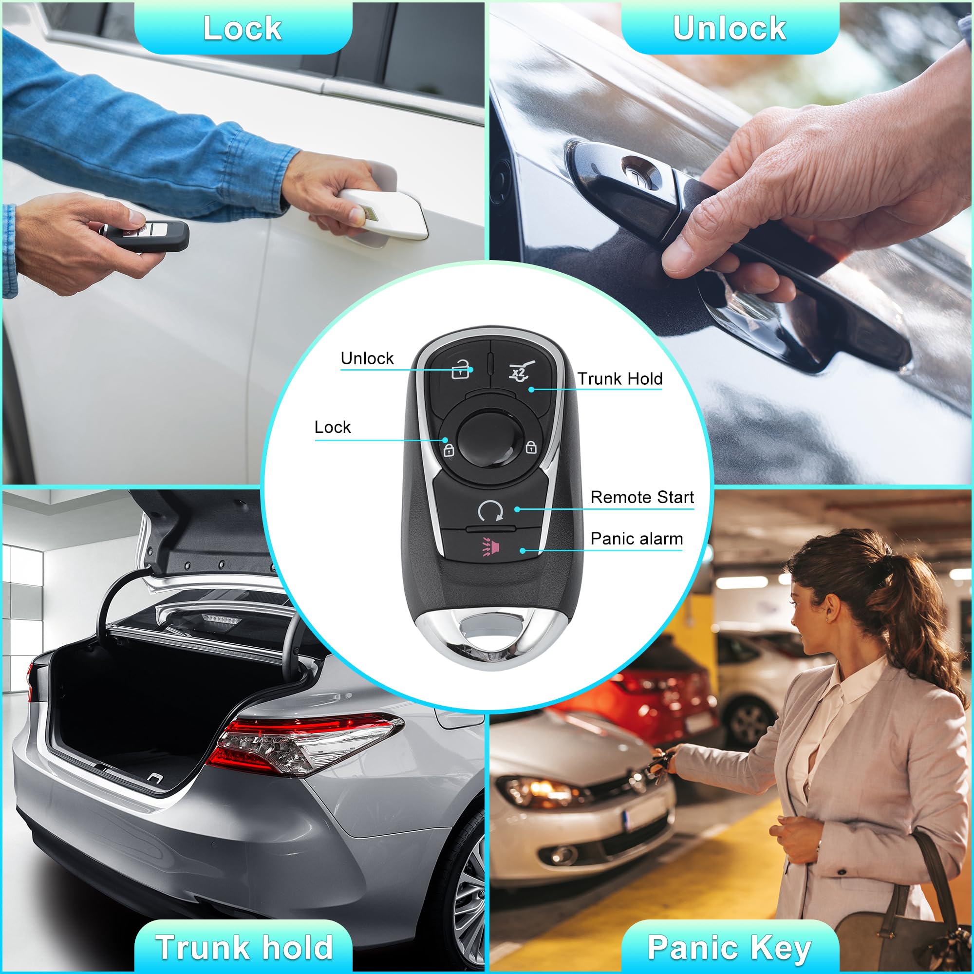 X AUTOHAUX remote held near dashboard demonstrating remote lock and trunk benefits