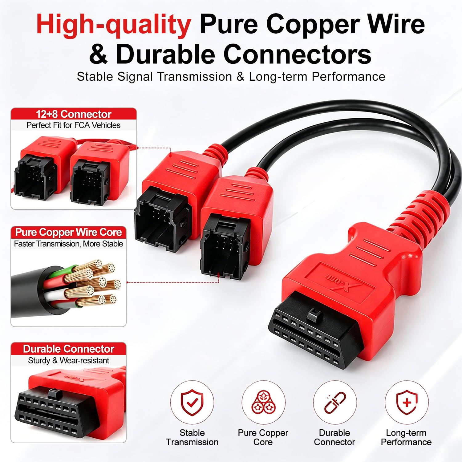 X-OBD 12+8-pin harness close-up showing secure pins and reliable signal transfer