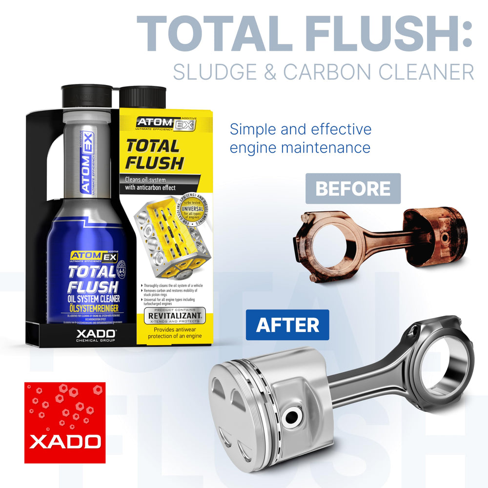 Before and after oil samples showing cleaner oil after XADO treatment