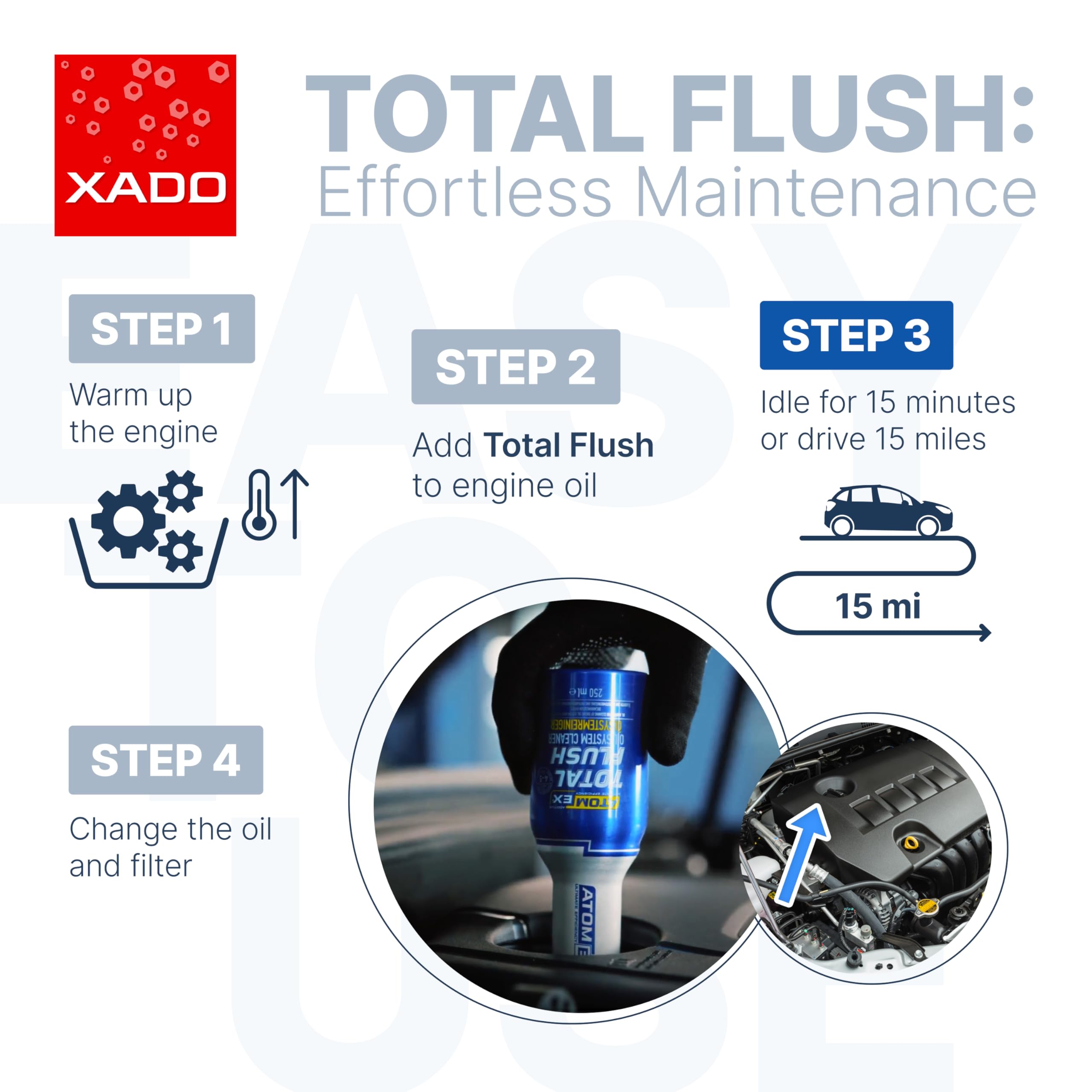 XADO bottle in an engine bay during application showing real world use