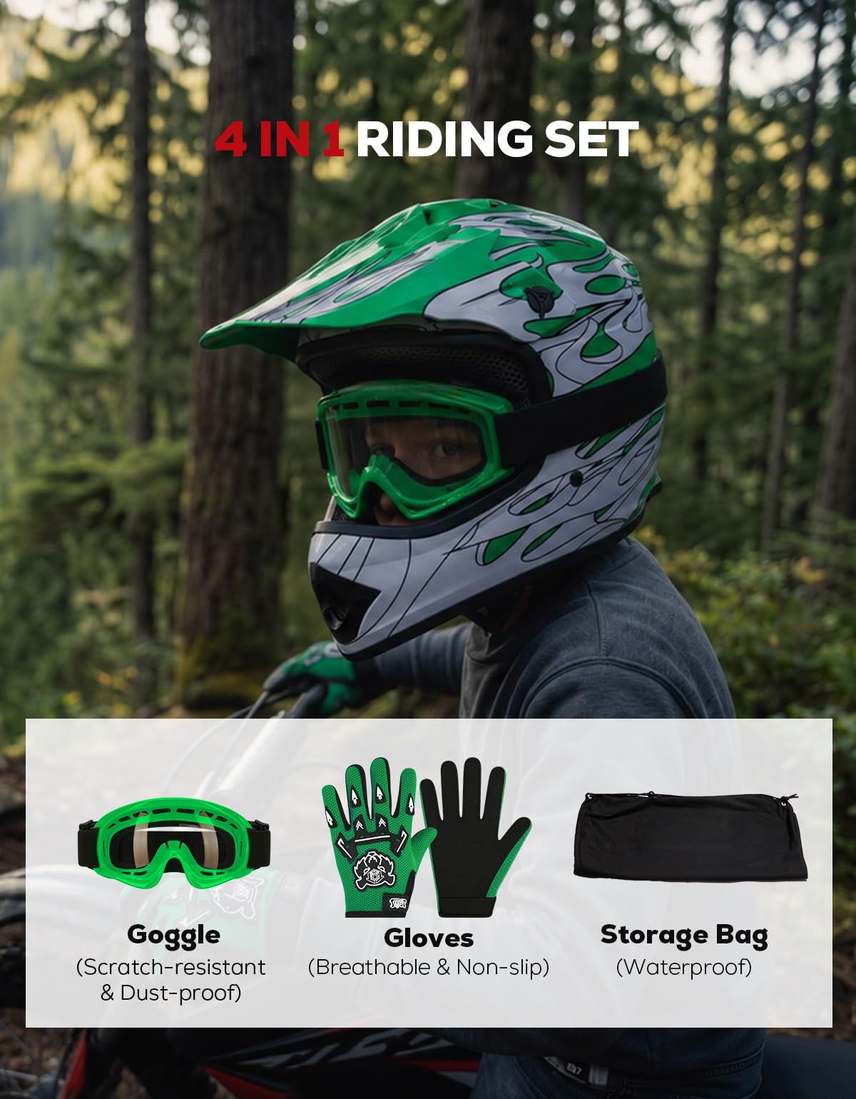 XFMT kit with goggles gloves bag ready-to-ride convenience