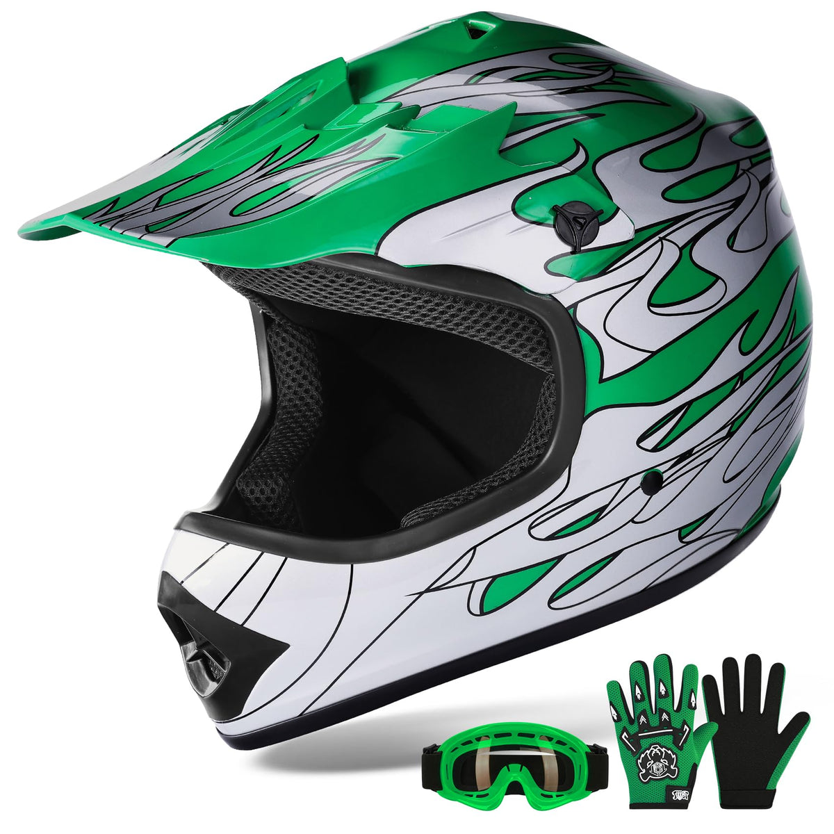 XFMT front view helmet green flame showing full-face protection and style