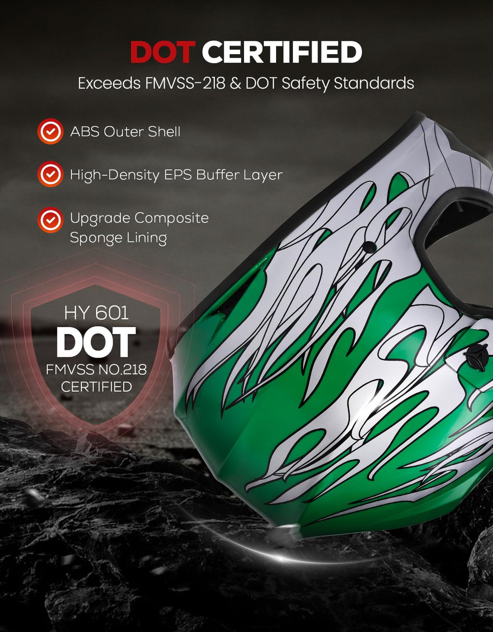 XFMT shell close-up green flame highlighting durable ABS construction