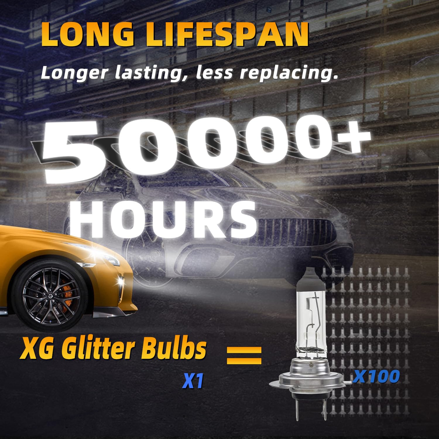 XG Glitter bulbs in nighttime driving scene showing clearer road signs and lines