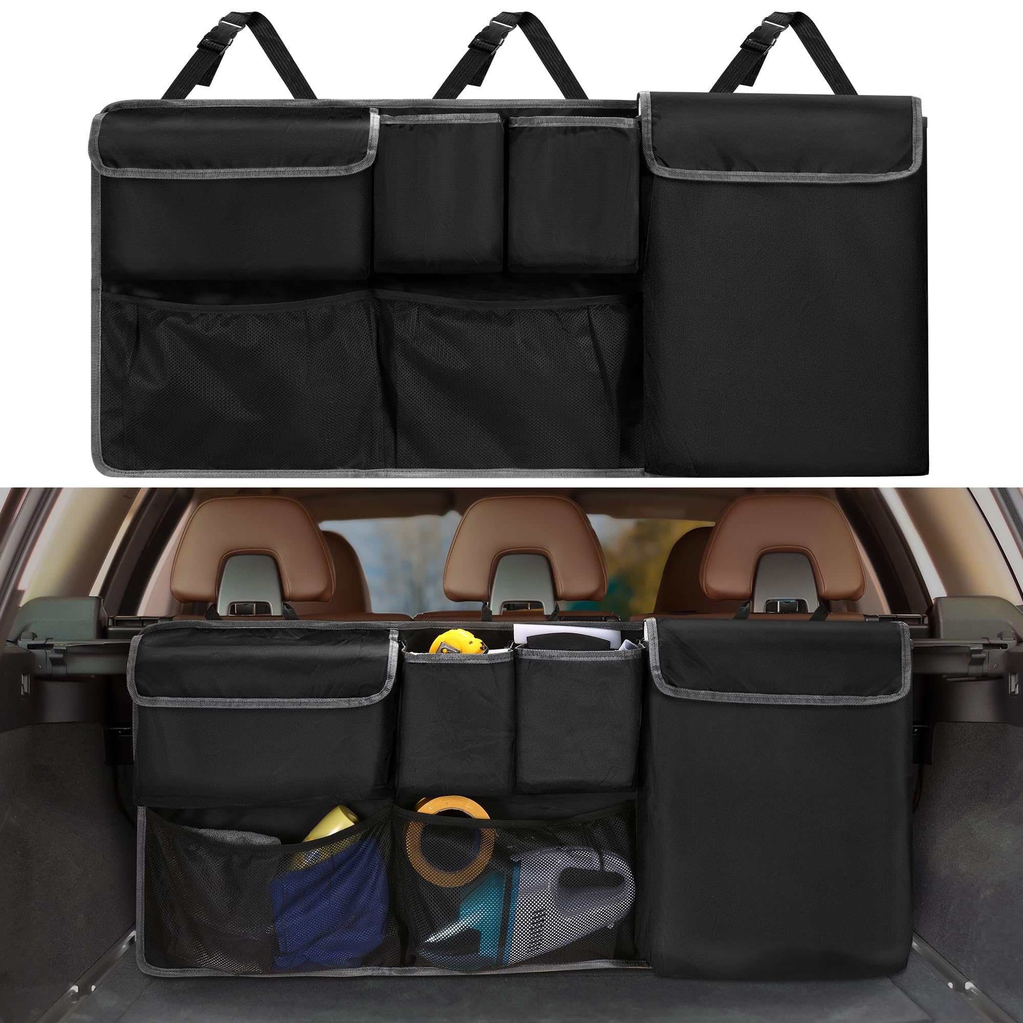 XHRING front view hanging trunk organizer showing neat storage benefit