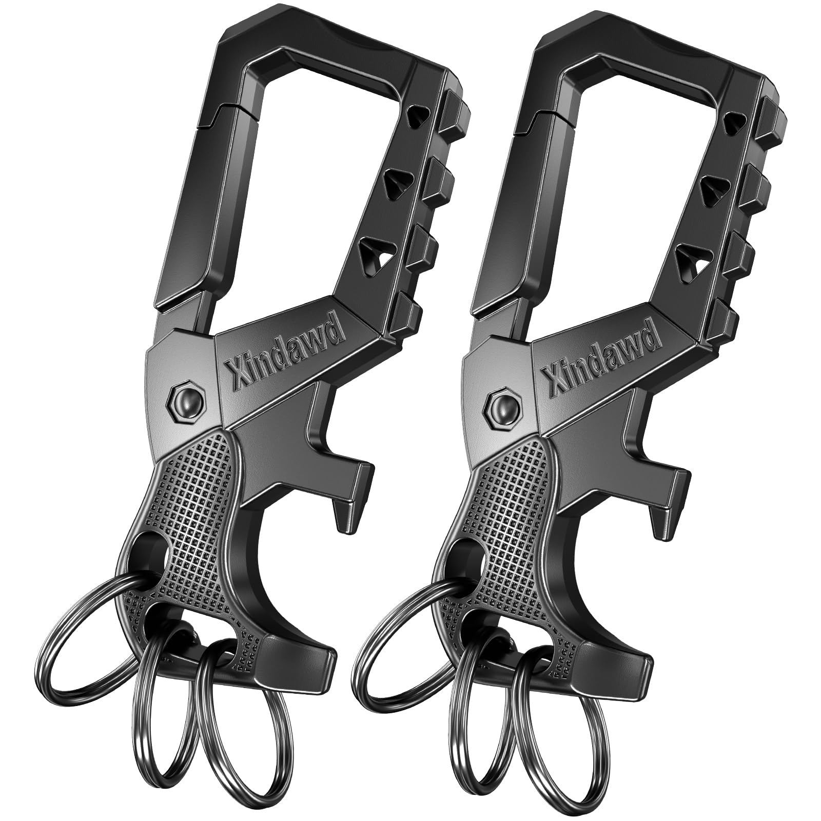 Xindawd front view showing two black metal keychains and carabiner clip, durable carry benefit