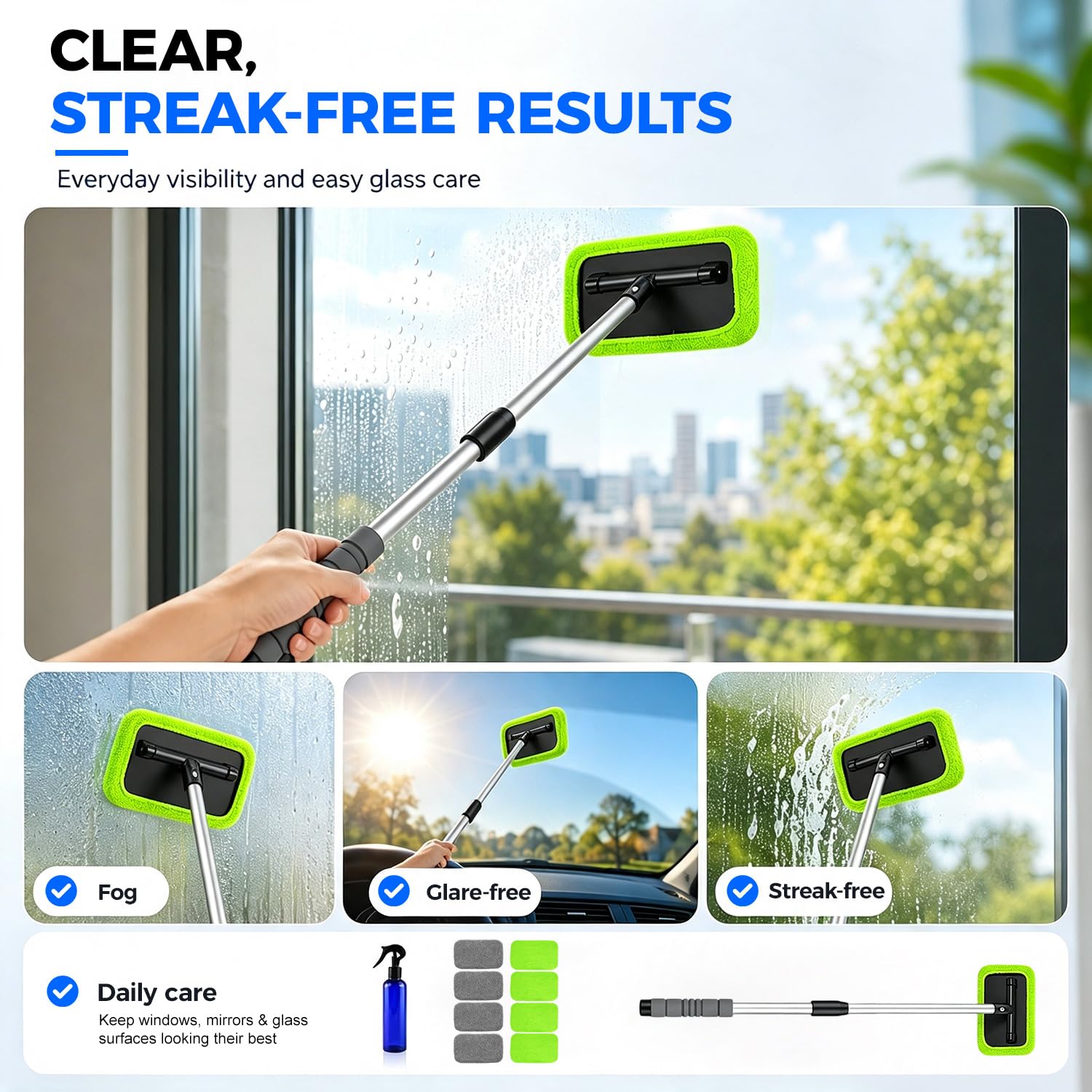 XINDELL tool cleaning an interior windshield illustrating one-handed operation and results