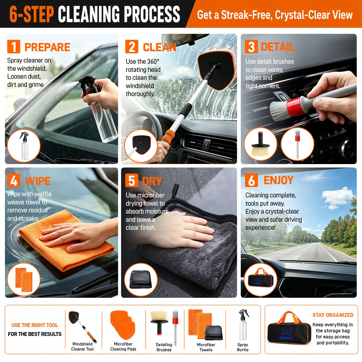 XINDELL full 10-piece kit layout showing organized tools for on-the-go cleaning