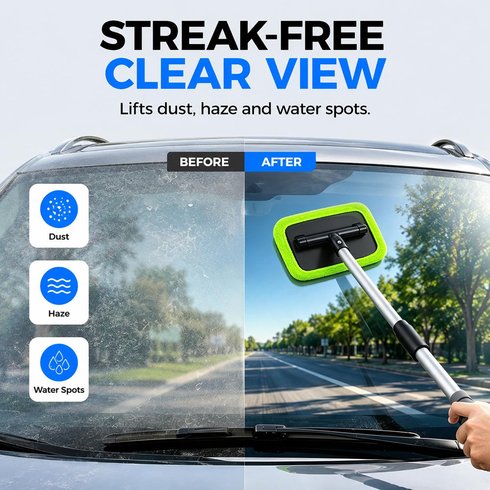 XINDELL extended handle inside a car showing reach to upper windshield with ease