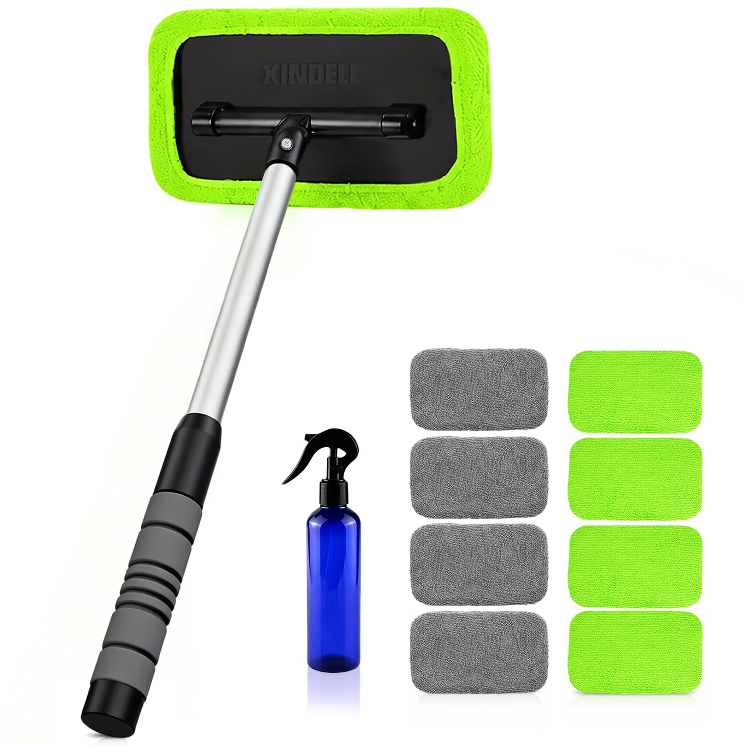 XINDELL kit front view showing handle, sprayer, and nine microfiber pads for complete cleaning