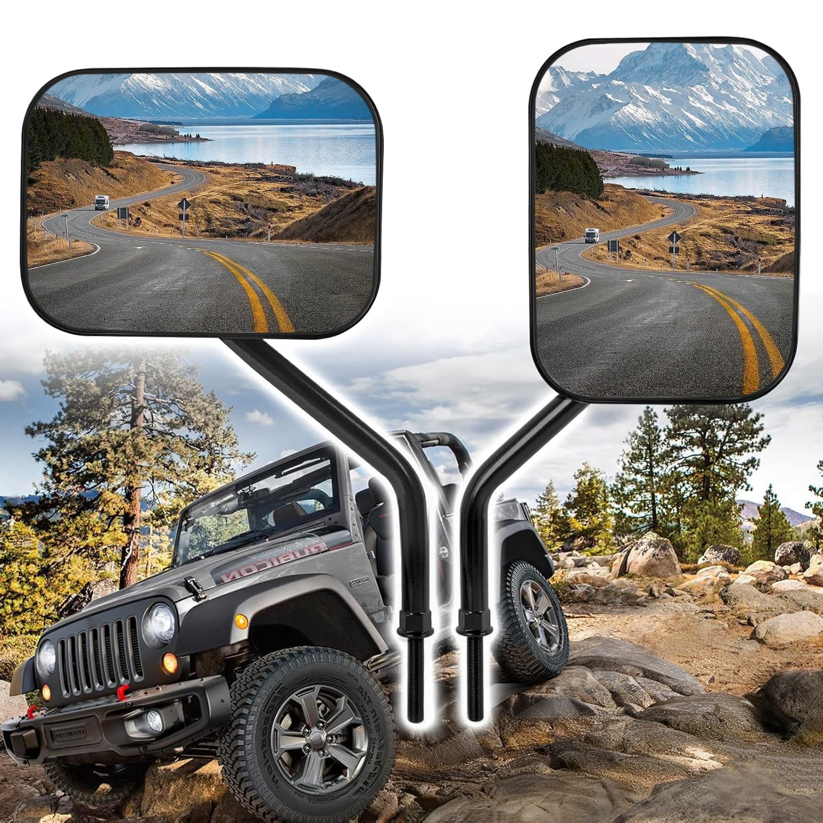 Xislet front view mirror mounted on Jeep hinge showing clear rear visibility