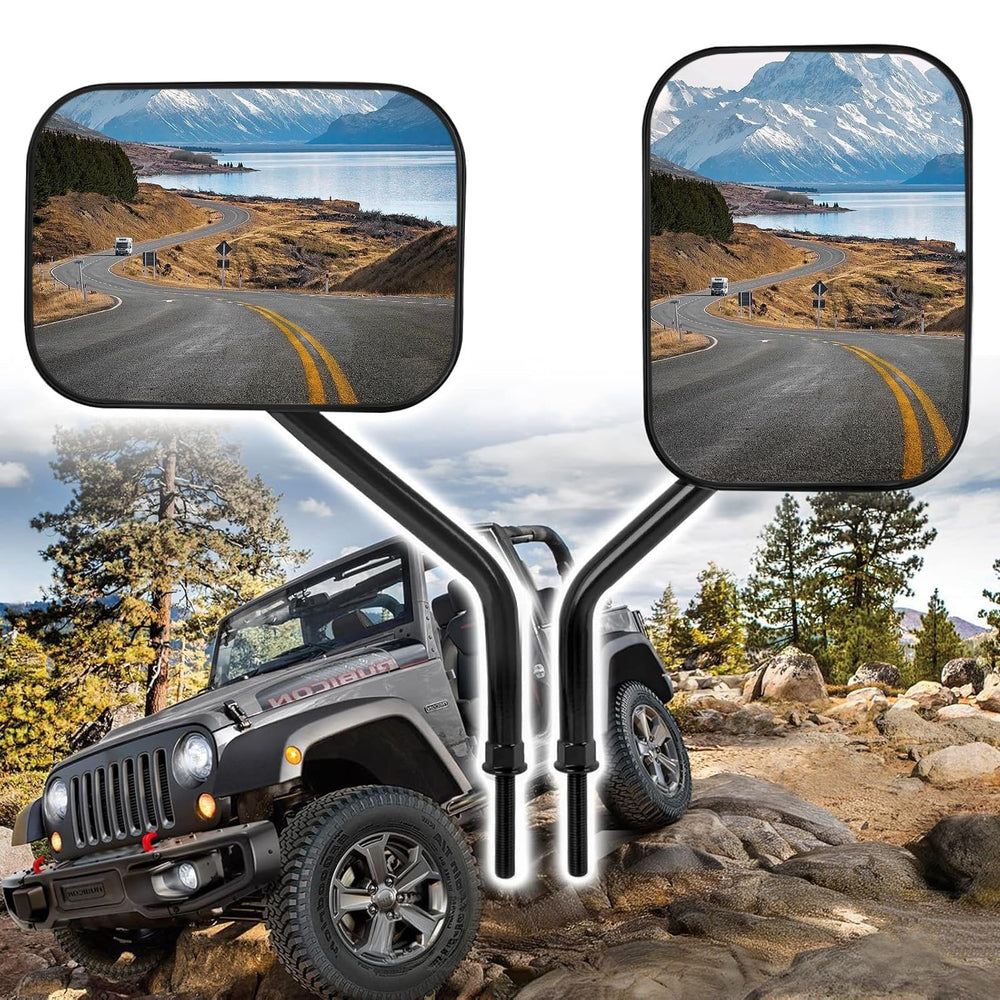 Xislet front view mirror mounted on Jeep hinge showing clear rear visibility