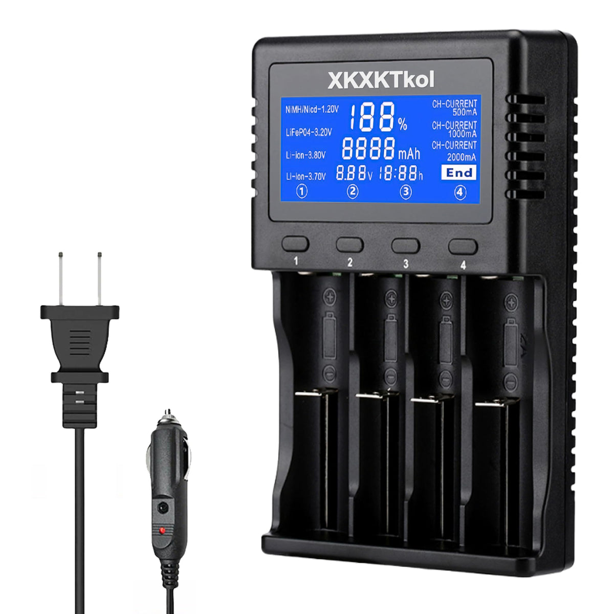 Generic front view of the 4-bay charger showing all slots and LCD, clear status visibility